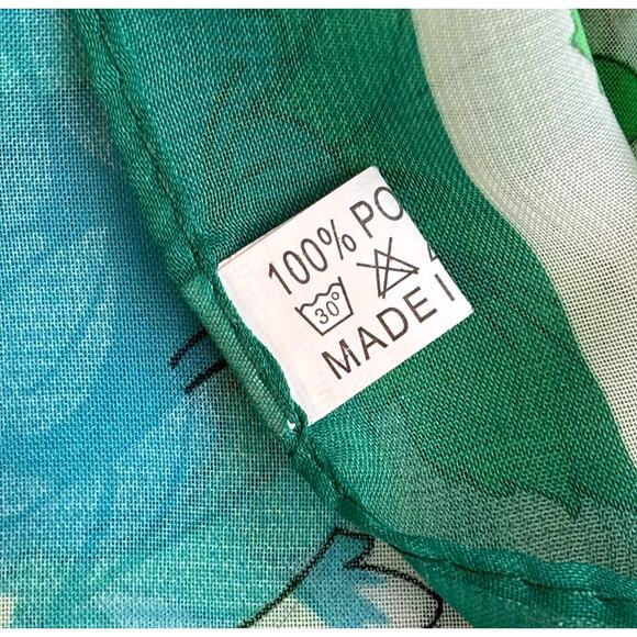 Silky sheer chiffon scarf long rectangle blue green tan tropical floral flowers - Picture 7 of 8